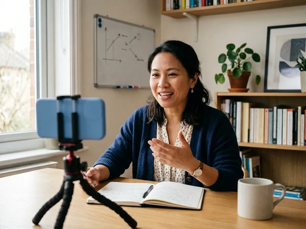 A teacher recording a lesson on a phone at her desk
