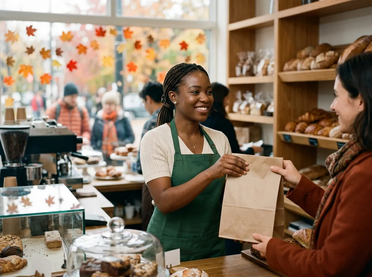 A woman serving a customer at the counter of a neighbourhood bakery in autumn
