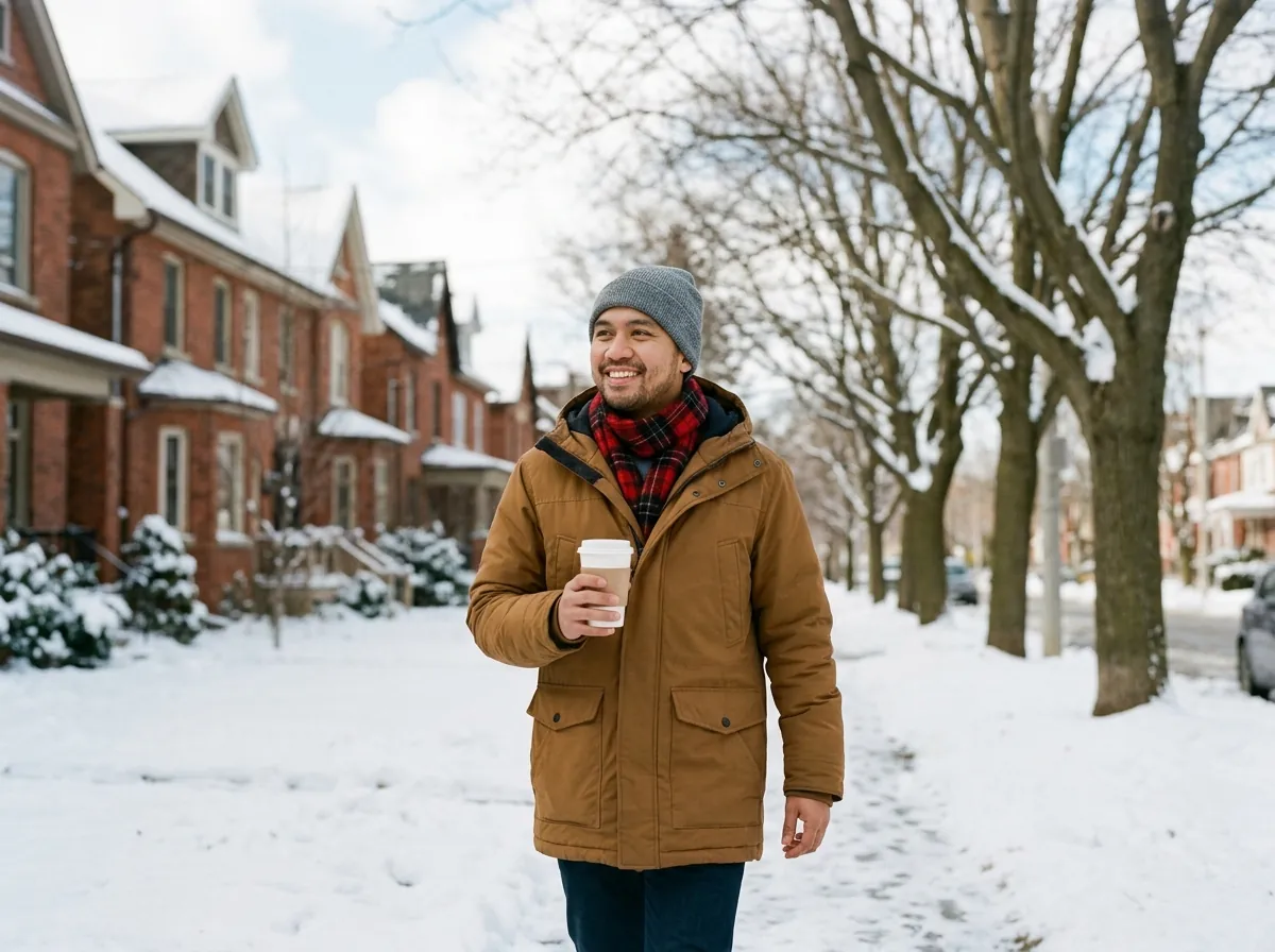 A man with a coffee walking down a snowy street in a Canadian city