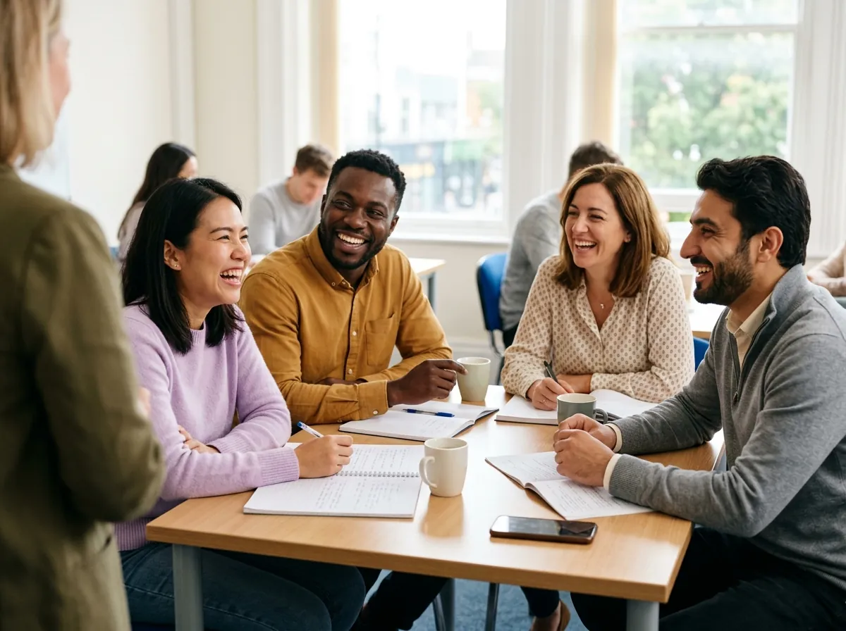 Four adult students laughing together in a discussion around a classroom table