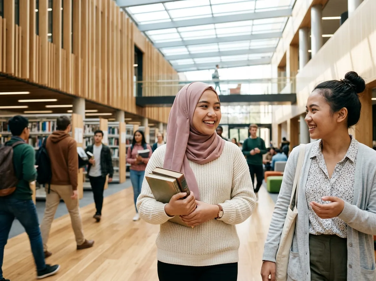 A student carrying library books and talking with a friend in a bright university library