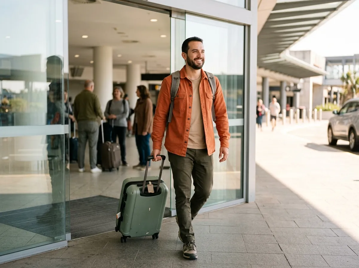 A traveller wheeling his suitcase out of an airport into the sunshine