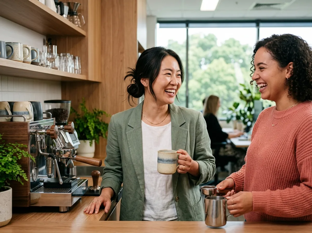 Two colleagues laughing as they make coffee in an office kitchen