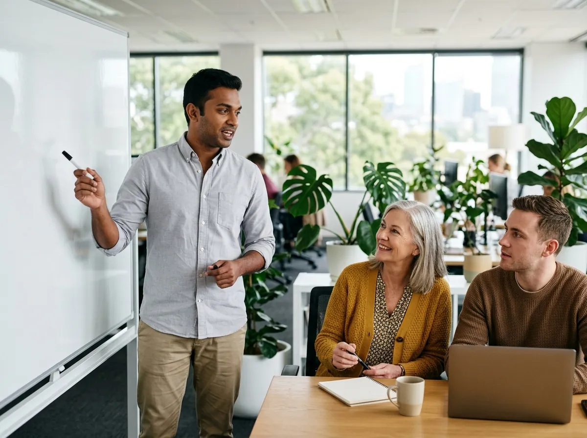 A young man explaining an idea to two colleagues in a bright office