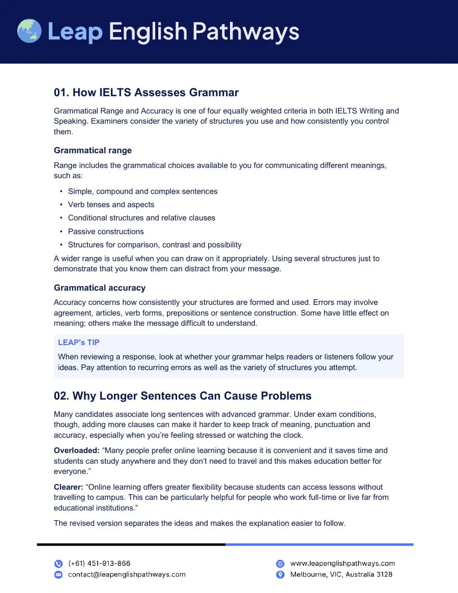 Page 2 of the IELTS grammar guide PDF