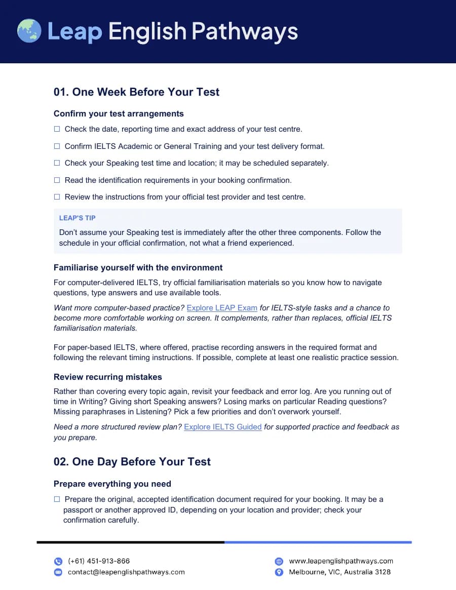 Page 2 of the IELTS test day checklist PDF
