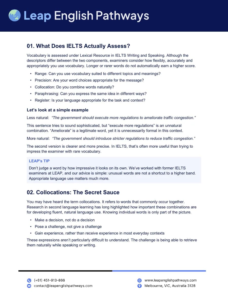 Page 2 of the IELTS vocabulary guide PDF
