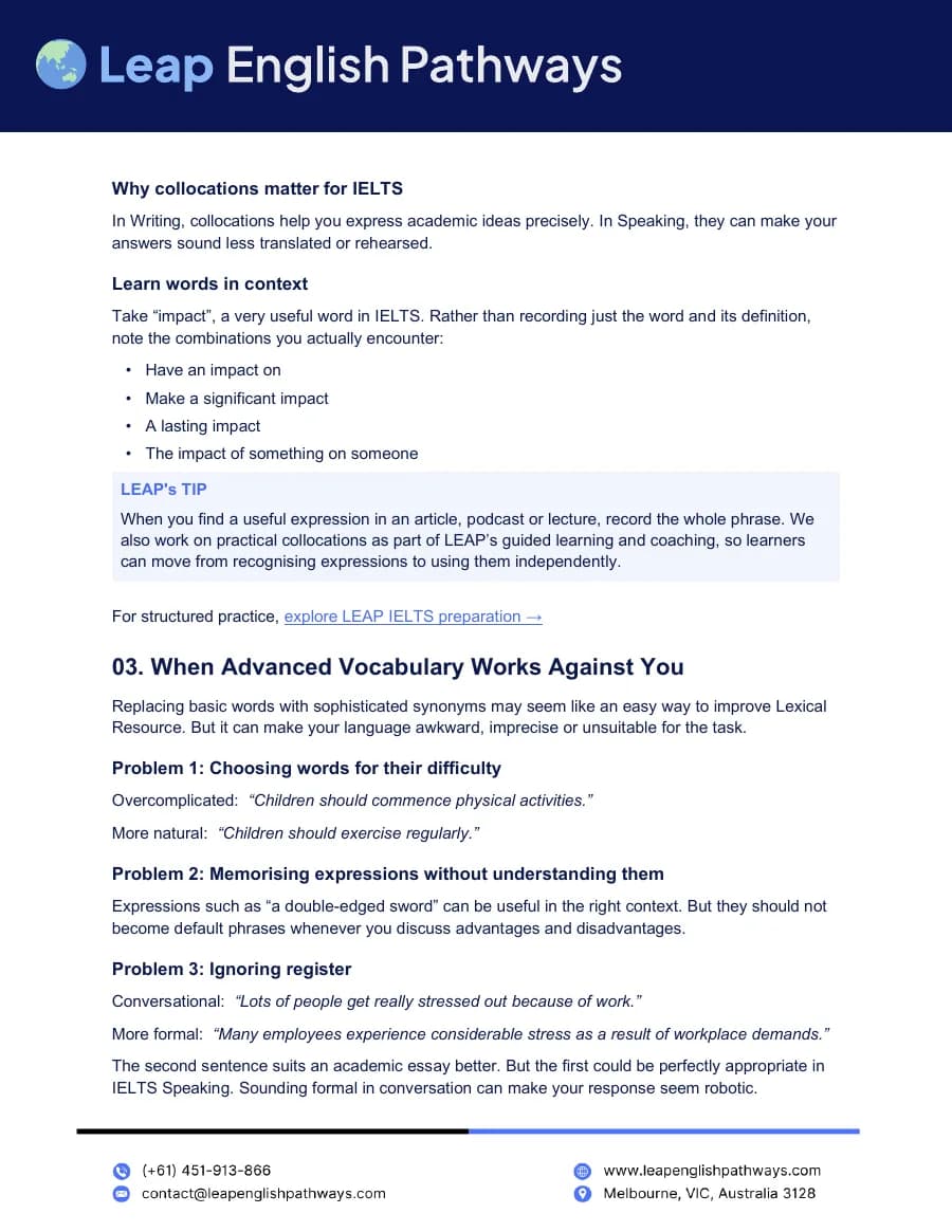 Page 3 of the IELTS vocabulary guide PDF