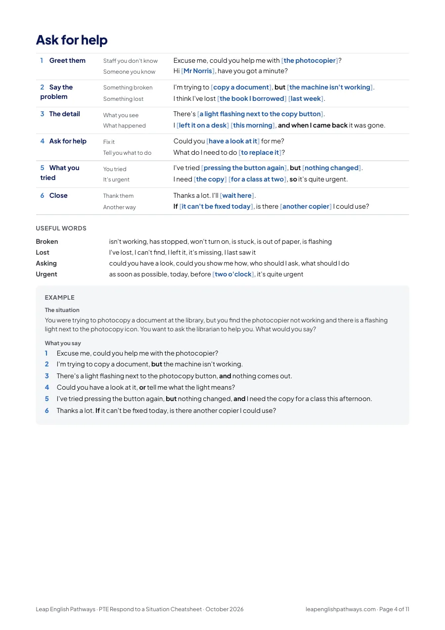 Page 4 of the Respond to a Situation template PDF