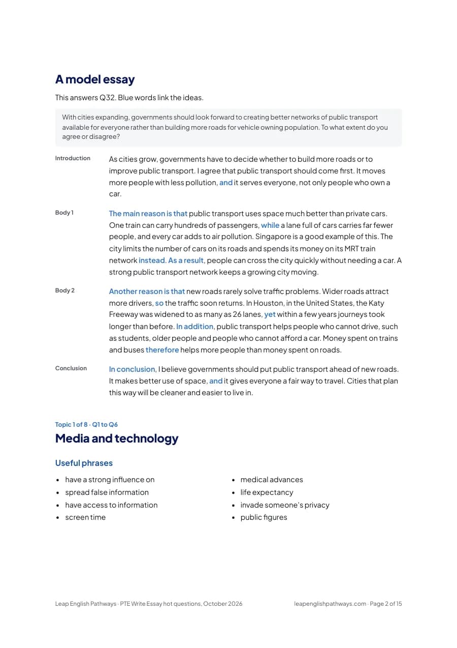 Page 2 of the PTE essay questions, October 2026 PDF