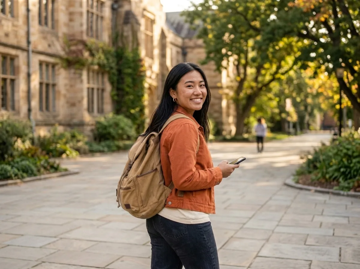 A student with a backpack on a university campus, looking back and smiling