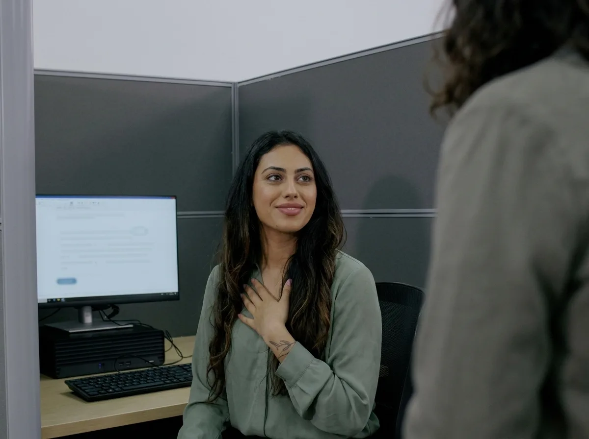 A test taker in a test centre booth, smiling at a member of staff