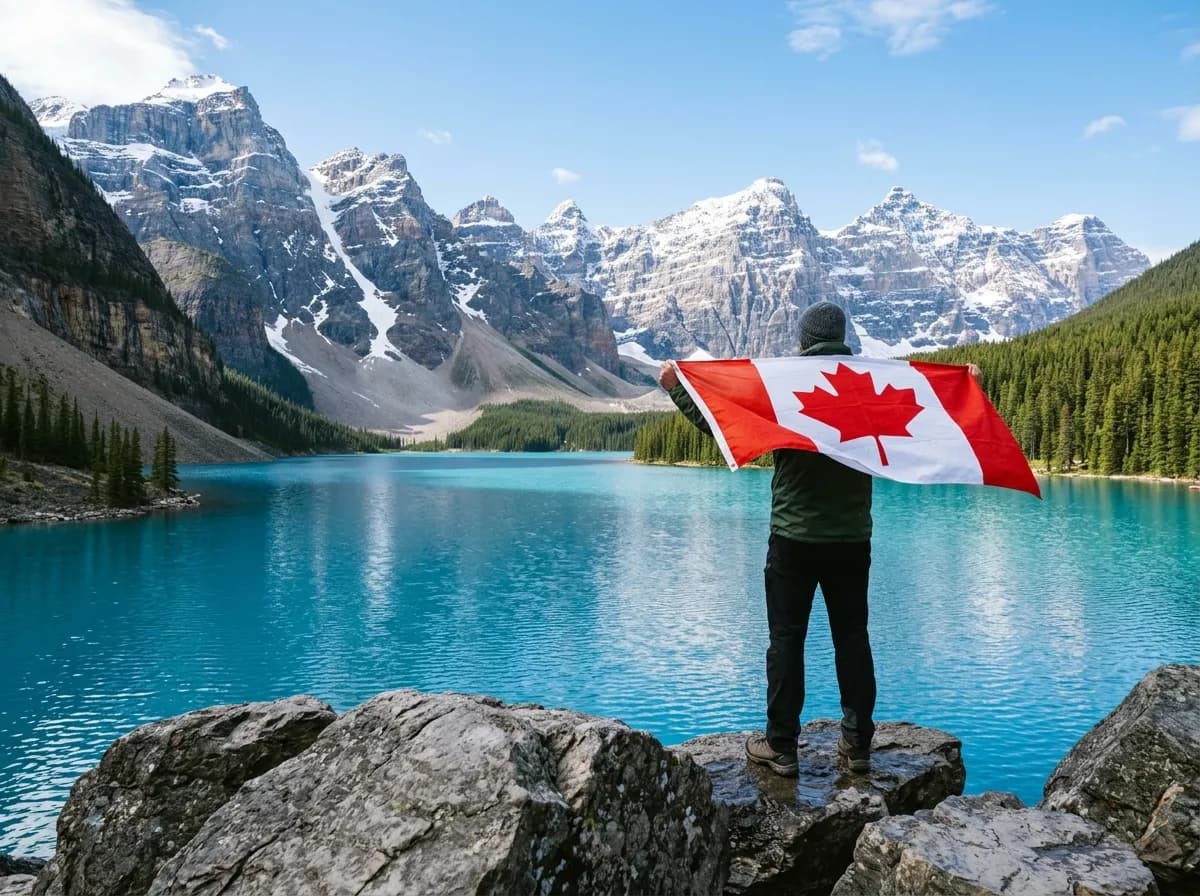 A person holding the Canadian flag by a lake in the Rocky Mountains