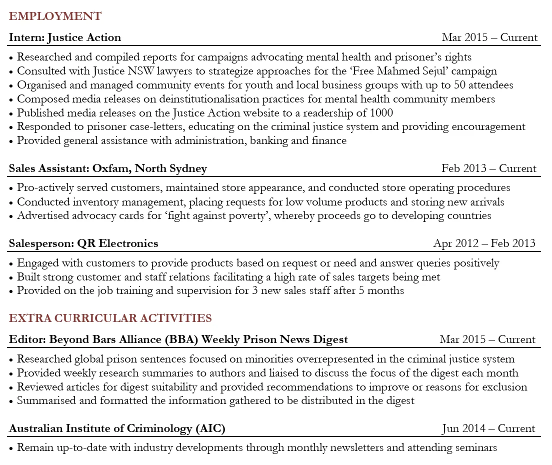 A CV extract with each job title in bold, its dates lined up on the right and a few short bullet points under each job