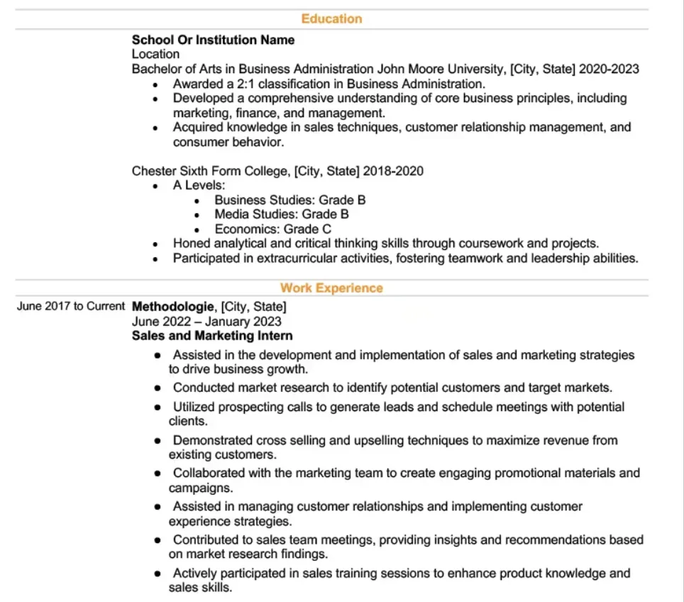 A CV extract with orange headings, dates squeezed into a narrow column on the left and eight long bullet points under one internship