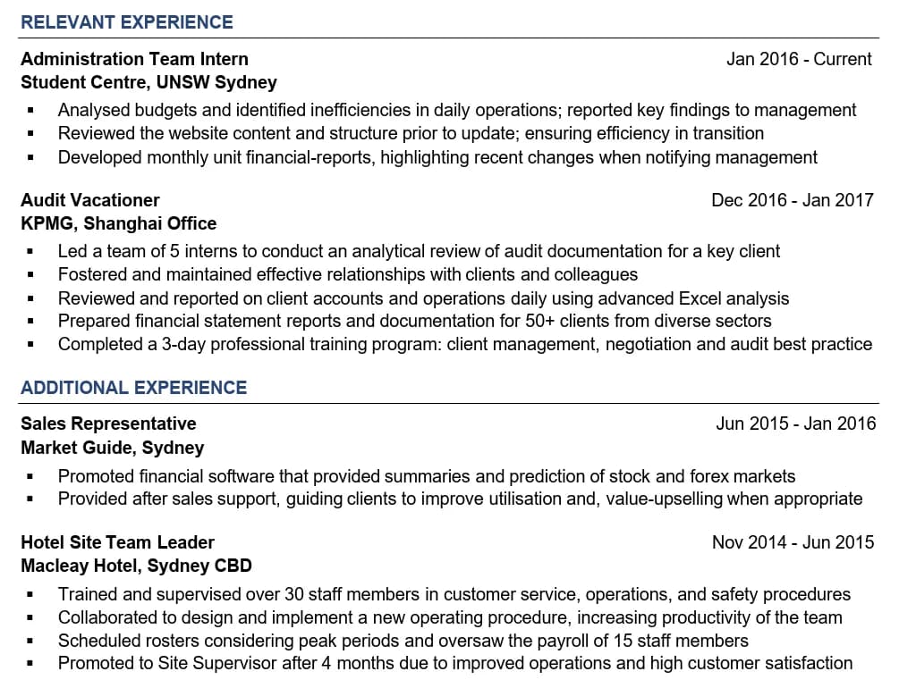 A CV extract with an internship at UNSW and an audit role at KPMG, each with short points that start with a verb, several with a number, such as leading a team of 5 interns