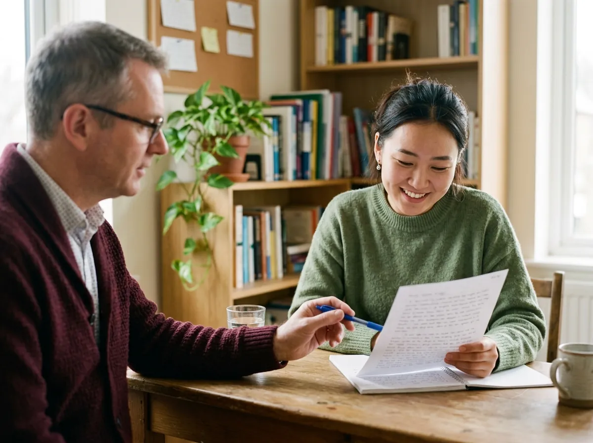 A student smiling over her writing as her teacher points to a line