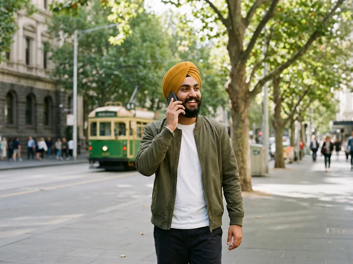 A young man laughing on a phone call as he walks along a sunny city street
