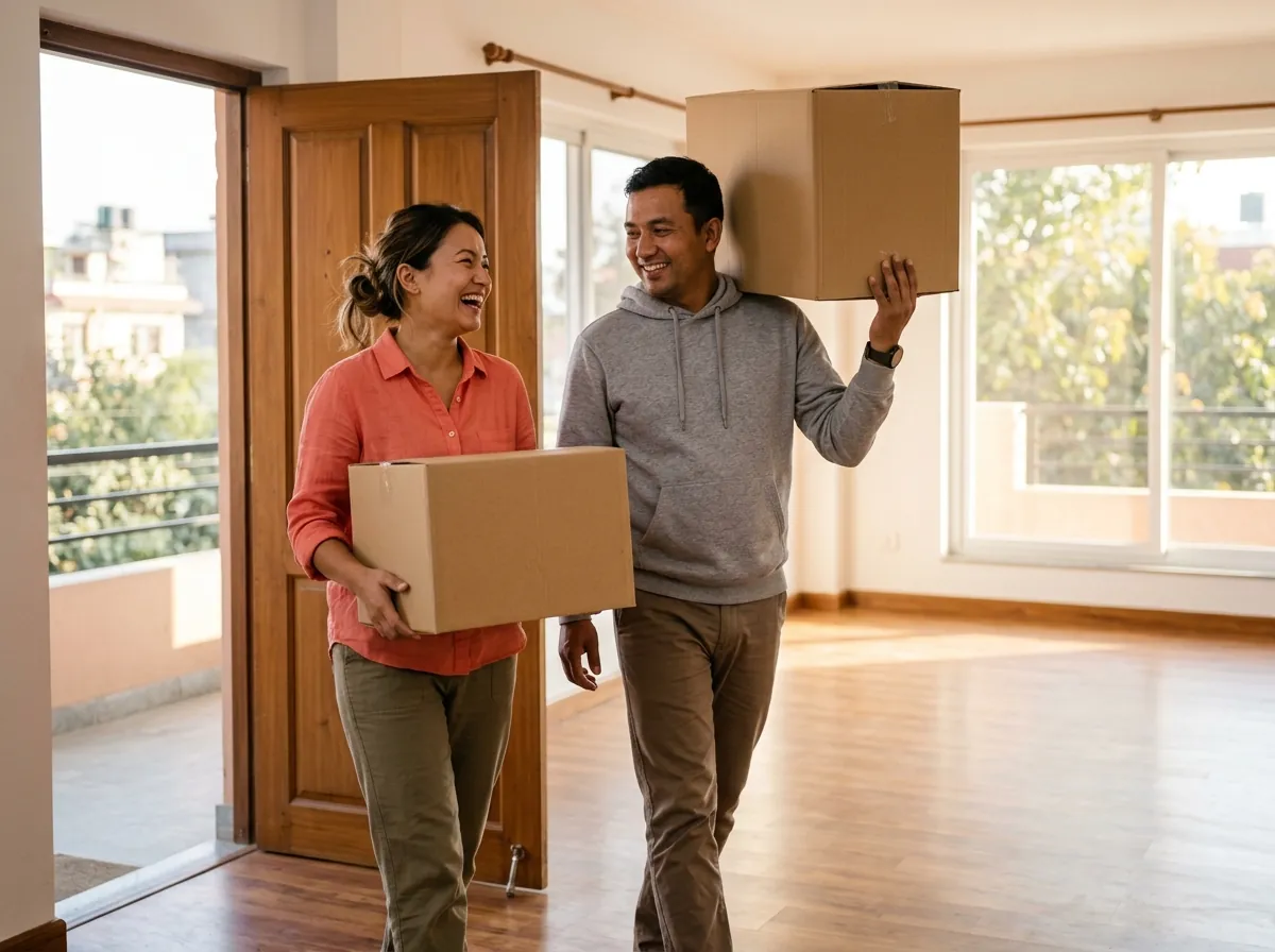 A couple laughing as they carry moving boxes into their new flat