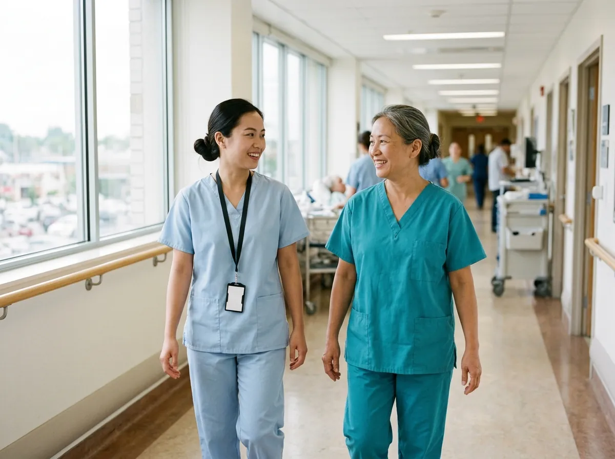 A nurse in scrubs walking and talking with a colleague down a bright hospital corridor