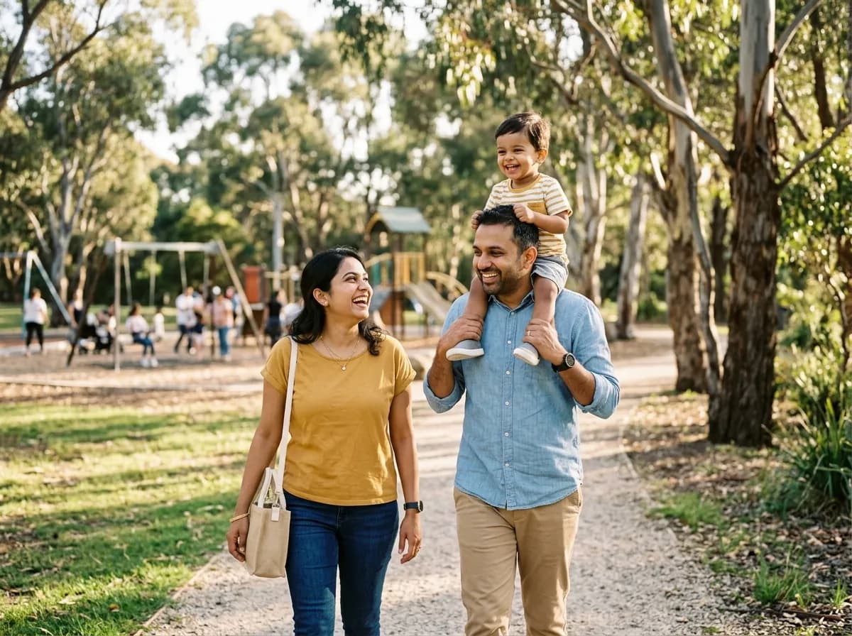 A young family laughing on a walk through a sunny park
