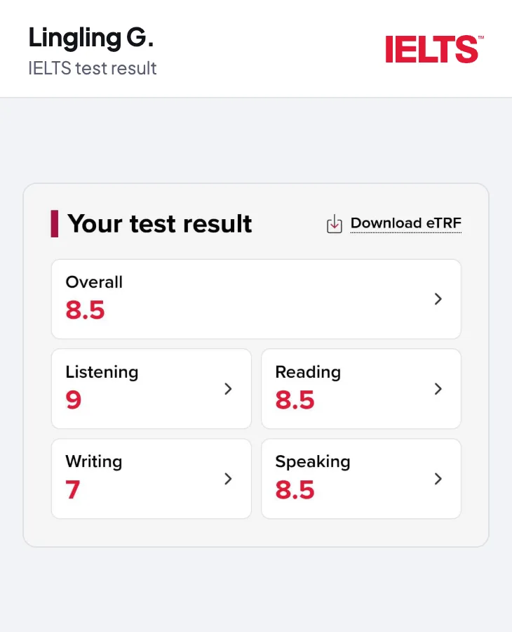 IELTS result for Lingling G. Overall 8.5. Listening 9, reading 8.5, writing 7, speaking 8.5.