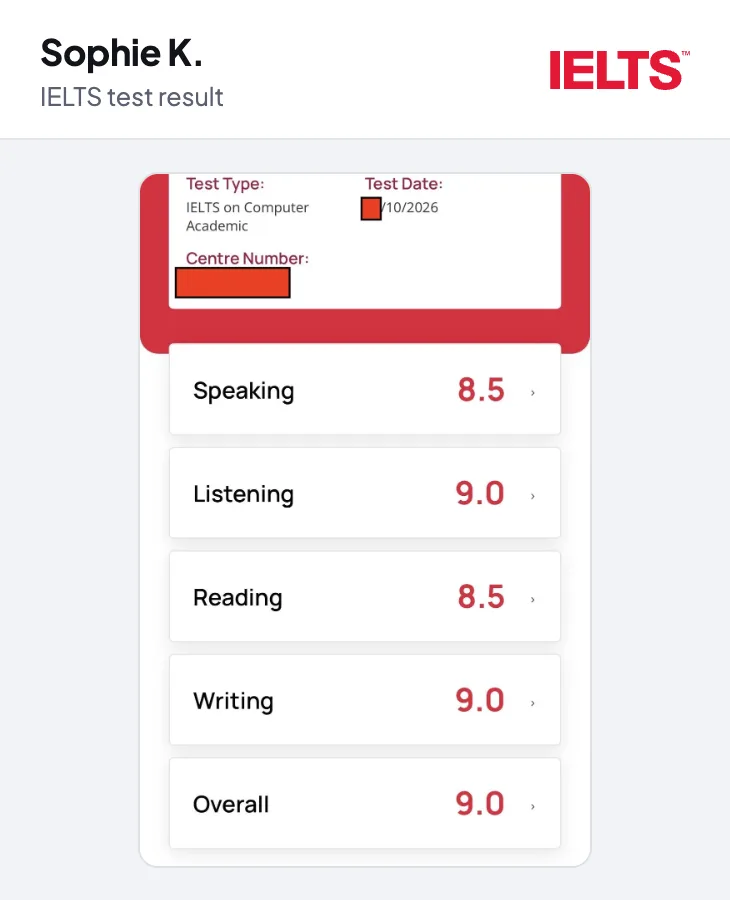 IELTS result for Sophie K. Overall 9.0. Listening 9.0, reading 8.5, writing 9.0, speaking 8.5.