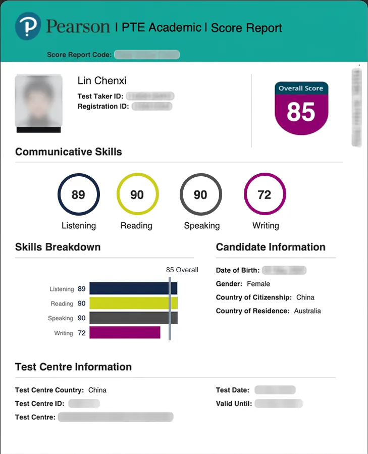 PTE Academic score report for Lin Chenxi. Overall 85. Listening 89, reading 90, speaking 90, writing 72.