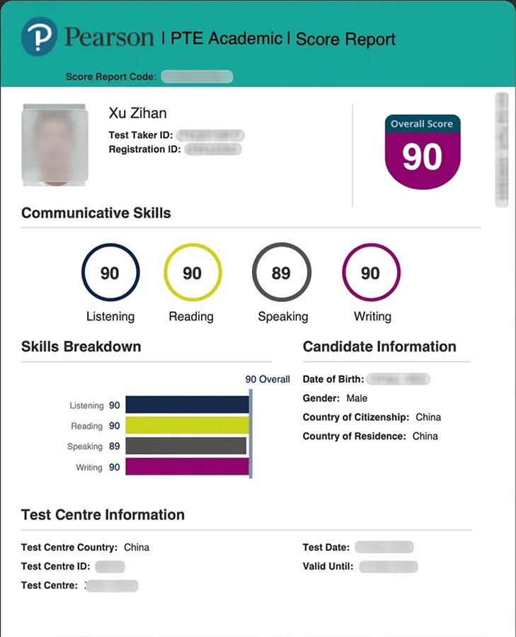 PTE Academic score report for Xu Zihan. Overall 90. Listening 90, reading 90, speaking 89, writing 90.