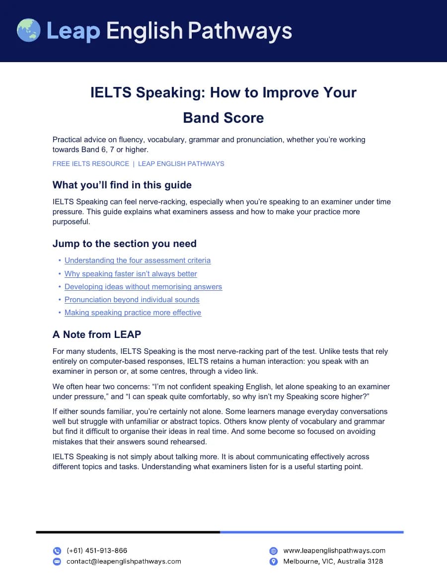The first page of the IELTS Speaking guide PDF