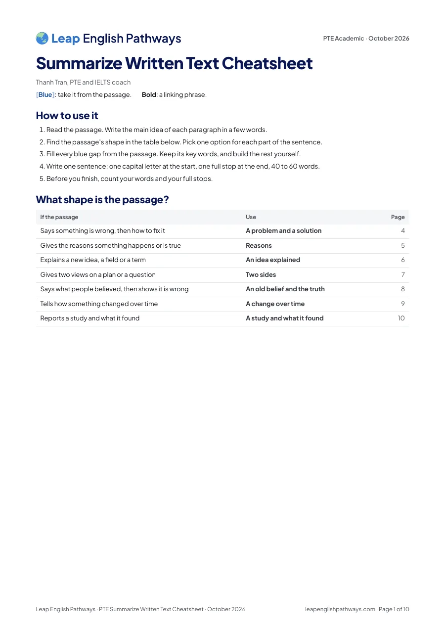 The first page of the Summarize Written Text template PDF