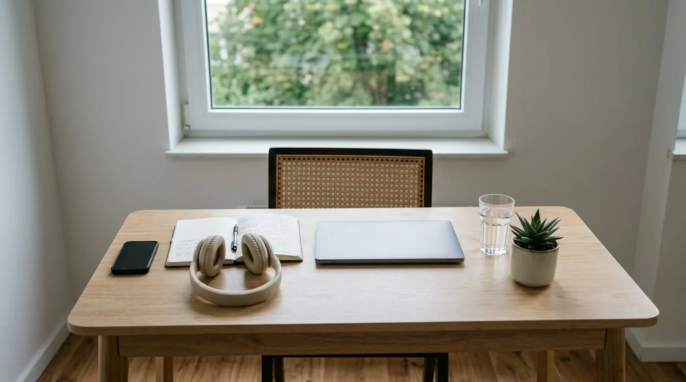 Headphones resting on a notebook beside a laptop on a desk by a window