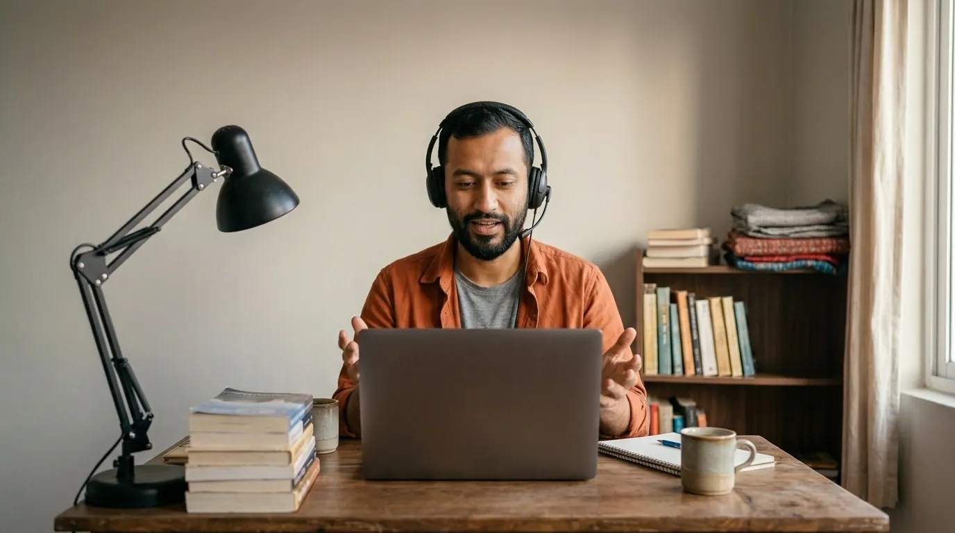 A student in a headset speaking to his laptop at a small desk