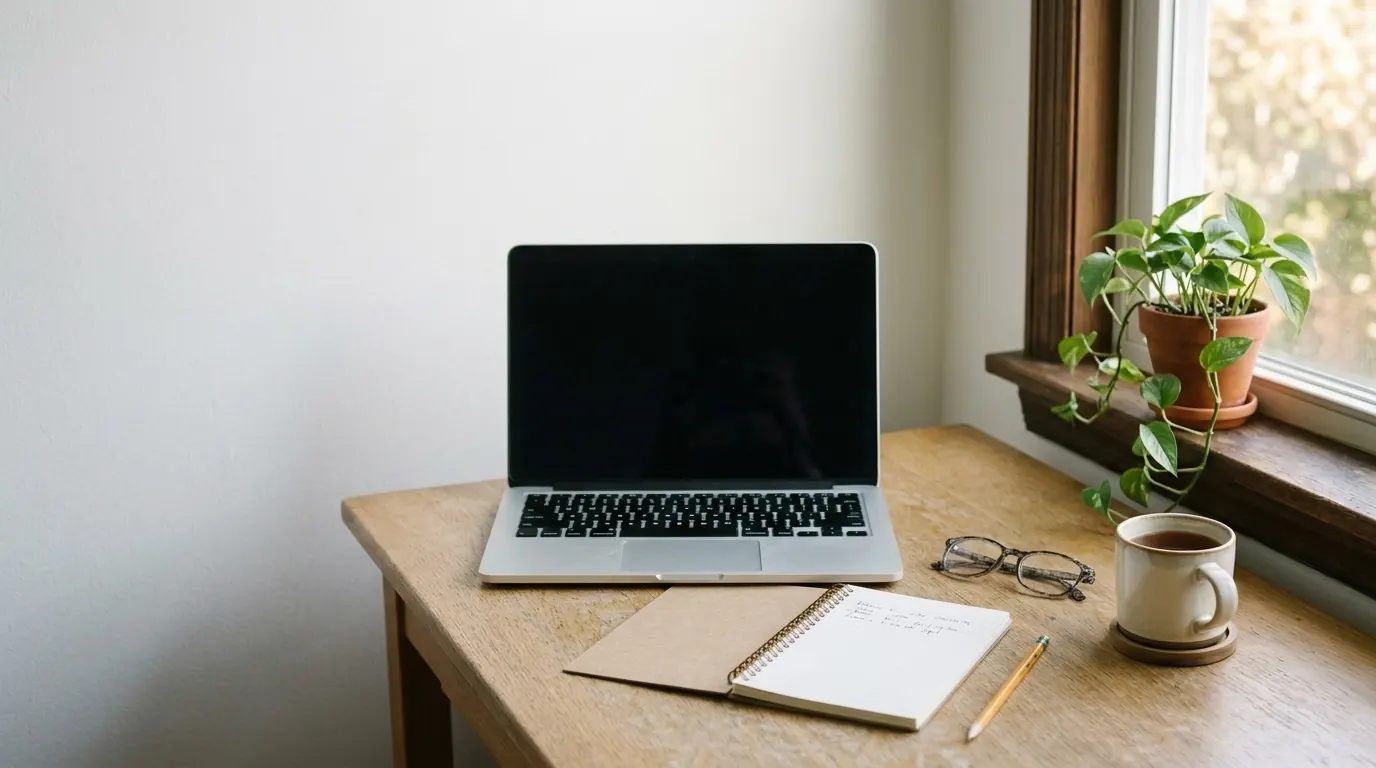 A laptop, a notebook and a mug of tea on a desk by a window
