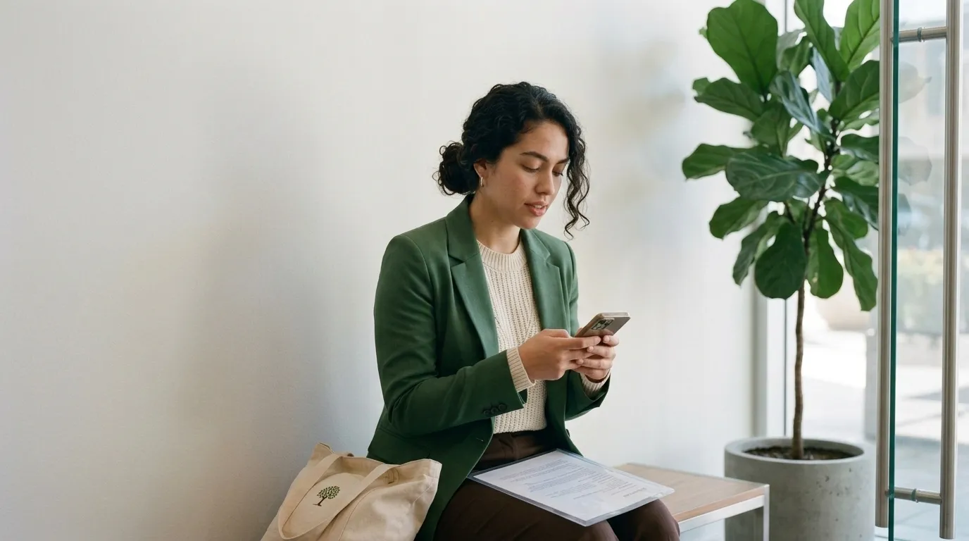 A young woman in a green blazer going over her answers on her phone in an office lobby before a job interview