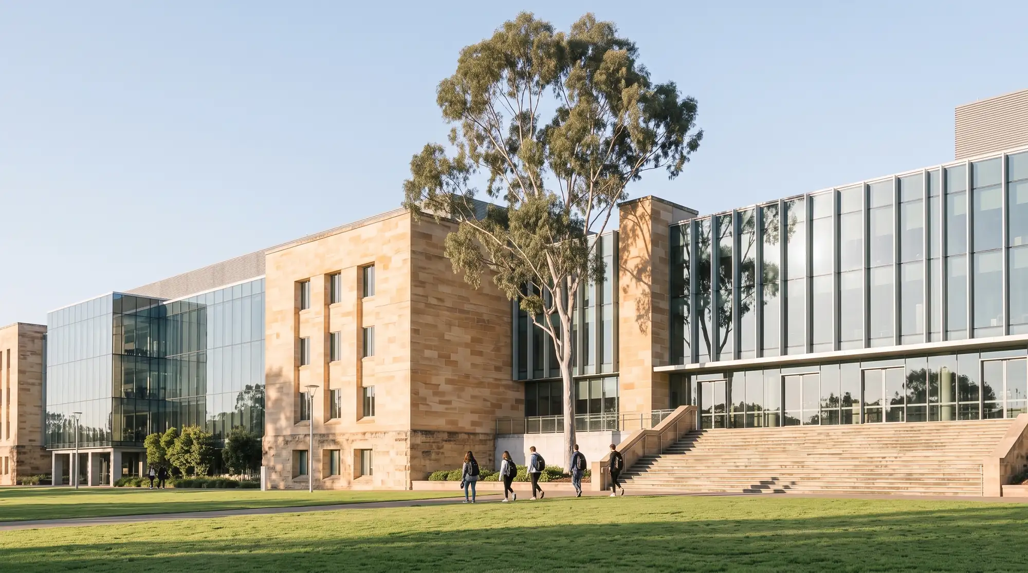 Students crossing a lawn in front of a sandstone university building